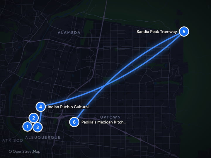 Map of Albuquerque in 4 days: Pueblo Culture, Sandia Peak and Balloons: Day 1, Old Town, San Felipe de Neri Church, Church Street Cafe, Indian Pueblo Cultural Center, Sandia Peak Tramway, Padilla's Mexican Kitchen