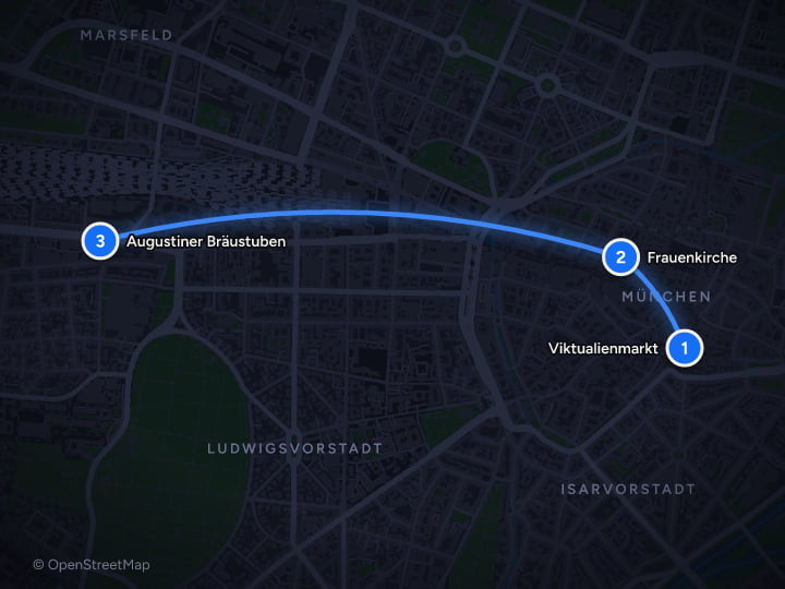 Map of Munich & Nuremberg: 5 days of Markets, Beer Halls, and Castles: Day 1, Viktualienmarkt, Frauenkirche, Augustiner Bräustuben