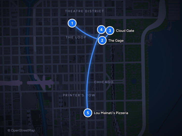 Map of Chicago in December: Christmas Markets, Art and Lights: Day 1, Daley Plaza, The Gage, Cloud Gate, McCormick Tribune Plaza, Lou Malnati's Pizzeria