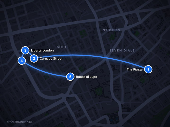 Map of London in December: Lights, Markets and Winter Shows: Day 1, The Piazza, Carnaby Street, Liberty London, Regent Street, Bocca di Lupo