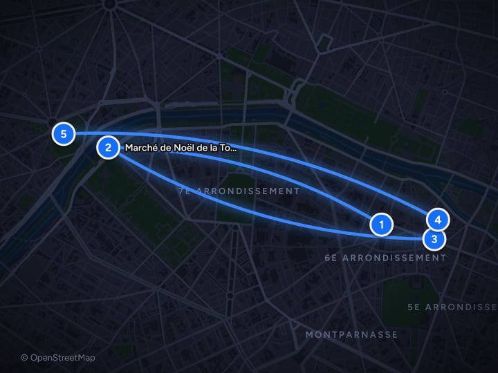 Map of Paris in December: Lights, Gothic Glass and Pastries: Day 1, Brasserie Lipp, Marché de Noël de la Tour Eiffel, Café Pierre Hermé, Le Procope, Place du Trocadero