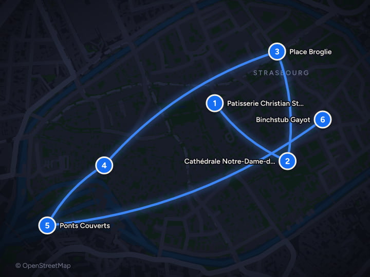 Map of Strasbourg & Colmar: 3 days of Markets and Canals: Day 1, Patisserie Christian Strasbourg, Cathédrale Notre-Dame-de-Strasbourg, Place Broglie, Place des Meuniers, Ponts Couverts, Binchstub Gayot