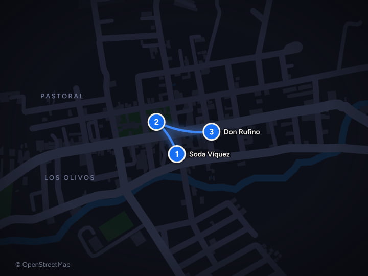 Map of 7 days: Arenal lava, cloud forest zip lines and Pacific beaches: Day 1, Soda Víquez, Parque de La Fortuna, Don Rufino
