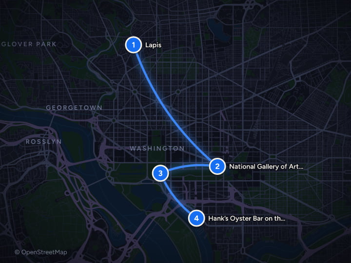 Map of Washington DC: 3 days of Blossoms, Monuments, and Oysters: Day 1, Lapis, National Gallery of Art - East Building, Washington Monument, Hank’s Oyster Bar on the Wharf