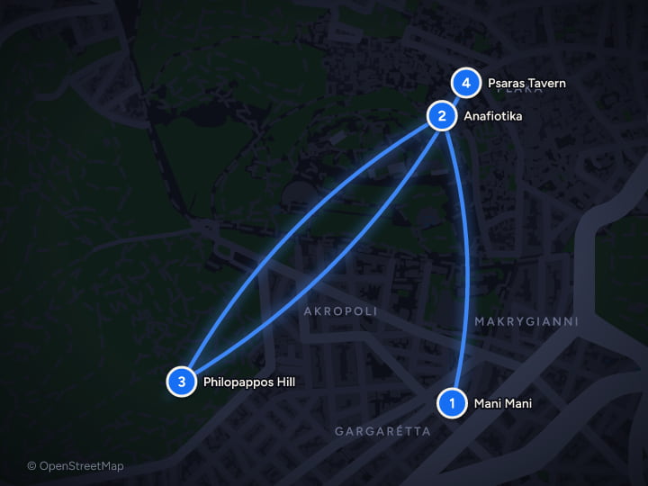 Map of Athens, Naxos and Santorini: 10 days of ruins, islands and sunsets: Day 1, Mani Mani, Anafiotika, Philopappos Hill, Psaras Tavern