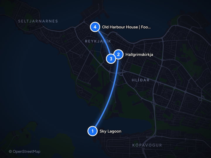 Map of Reykjavík to Vík: 7 days of Glaciers, Geysers and Hot Springs: Day 1, Sky Lagoon, Hallgrimskirkja, Café Loki, Old Harbour House | Food, Drinks & Tours