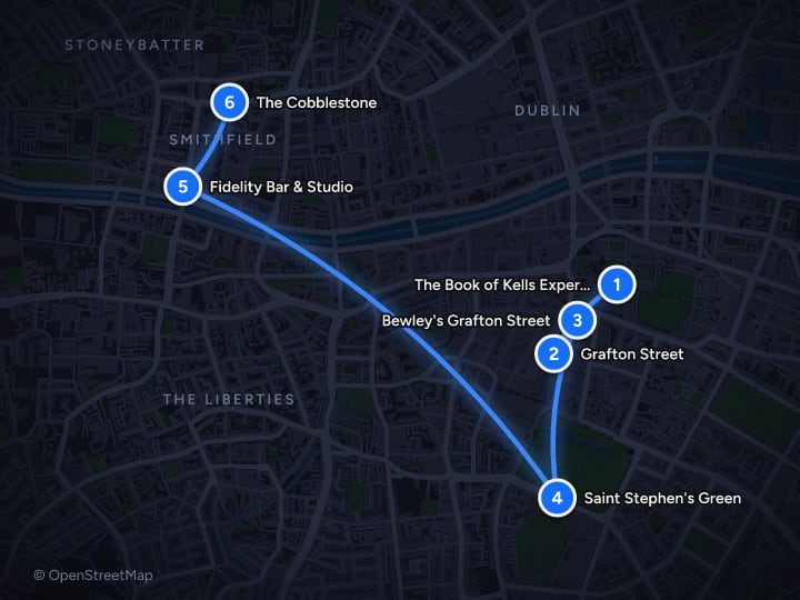 Map of Dublin to Dingle: 7 days of Kells, cliffs, and Killarney: Day 1, The Book of Kells Experience, Grafton Street, Bewley's Grafton Street, Saint Stephen's Green, Fidelity Bar & Studio, The Cobblestone