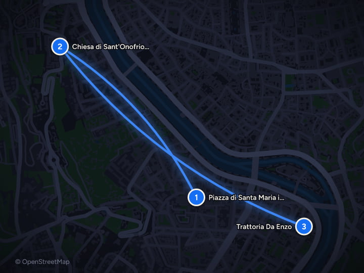 Map of Rome, Florence and Venice: 10 days of Italy's greatest hits: Day 1, Piazza di Santa Maria in Trastevere, Chiesa di Sant'Onofrio al Gianicolo, Trattoria Da Enzo