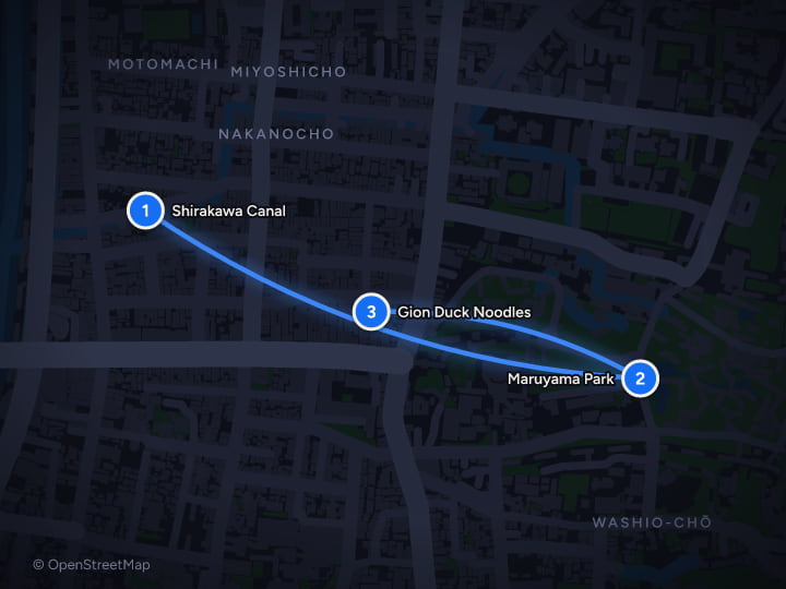 Map of Kyoto & Tokyo: 10 days of blossoms, temples, and tea: Day 1, Shirakawa Canal, Maruyama Park, Gion Duck Noodles