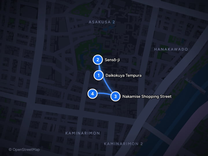 Map of Tokyo to Osaka: 10 days of temples, sushi and onsen: Day 1, Daikokuya Tempura, Sensō-ji, Nakamise Shopping Street, Asakusa Monja Zenya