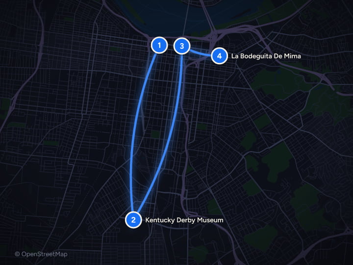 Map of Louisville: 4 days of Derby, Bourbon and Bats: Day 1, Mussel & Burger Bar, Kentucky Derby Museum, Whiskey Row, La Bodeguita De Mima