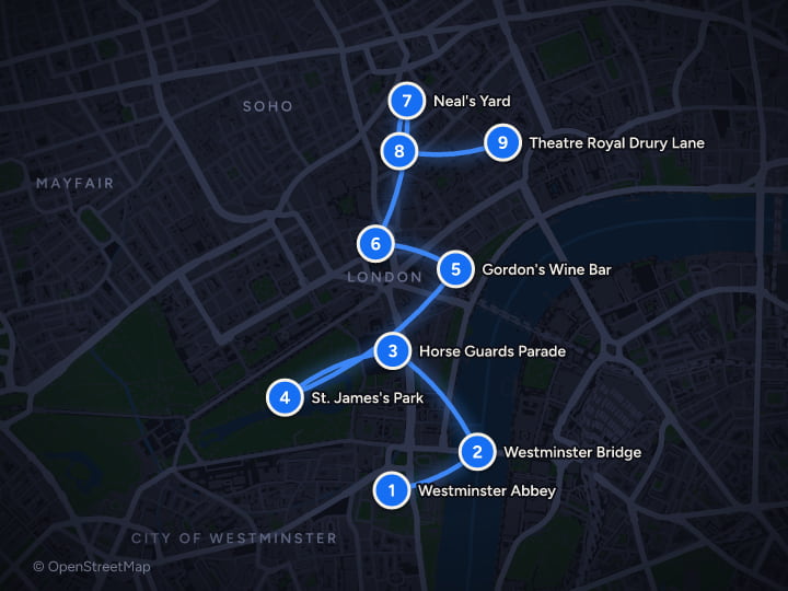 Map of London in 3 days: Royal Parks, Tower and Soho: Day 1, Westminster Abbey, Westminster Bridge, Horse Guards Parade, St. James's Park, Gordon's Wine Bar, The National Gallery, Neal's Yard, Dishoom Covent Garden, Theatre Royal Drury Lane