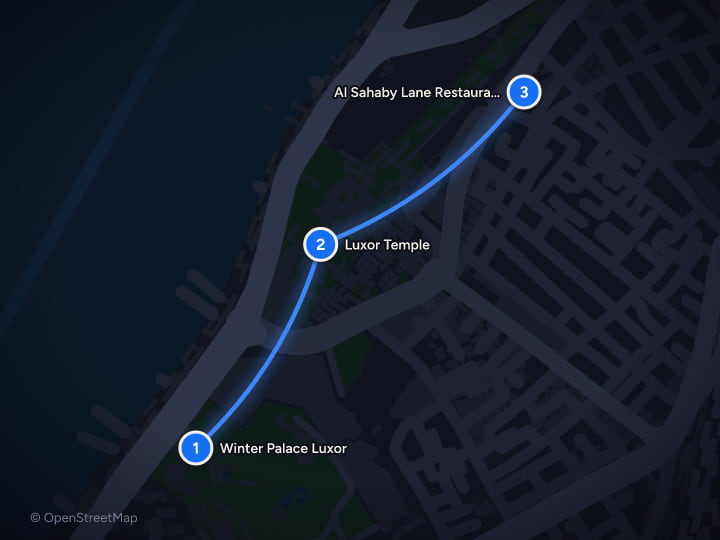 Map of Luxor: 5 days of Temples, Tombs and Nile Sunsets: Day 1, Winter Palace Luxor, Luxor Temple, Al Sahaby Lane Restaurant