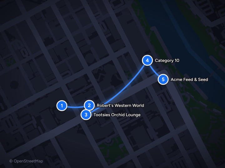 Map of Nashville: 3 days of honky-tonks, brunch, and hot chicken: Day 1, Assembly Food Hall, Robert's Western World, Tootsies Orchid Lounge, Category 10, Acme Feed & Seed