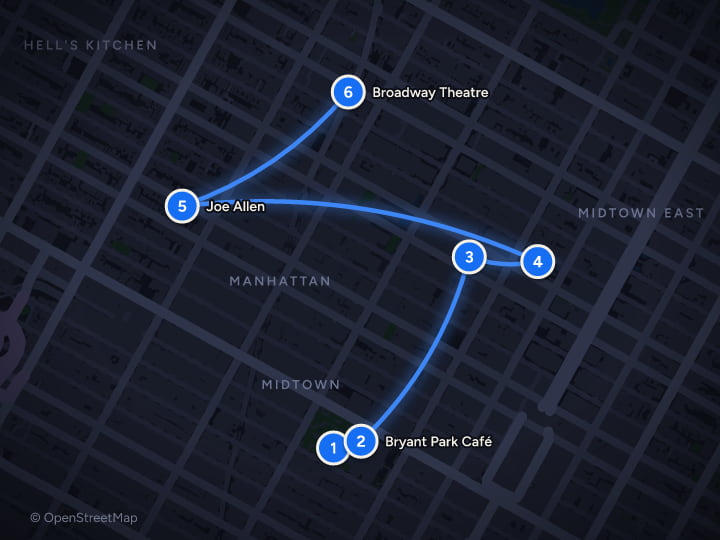Map of New York City: 3 days of Lights, Broadway and Jazz: Day 1, Bryant Park Winter Village, Bryant Park Café, Rockefeller Center, St. Patrick's Cathedral, Joe Allen, Broadway Theatre