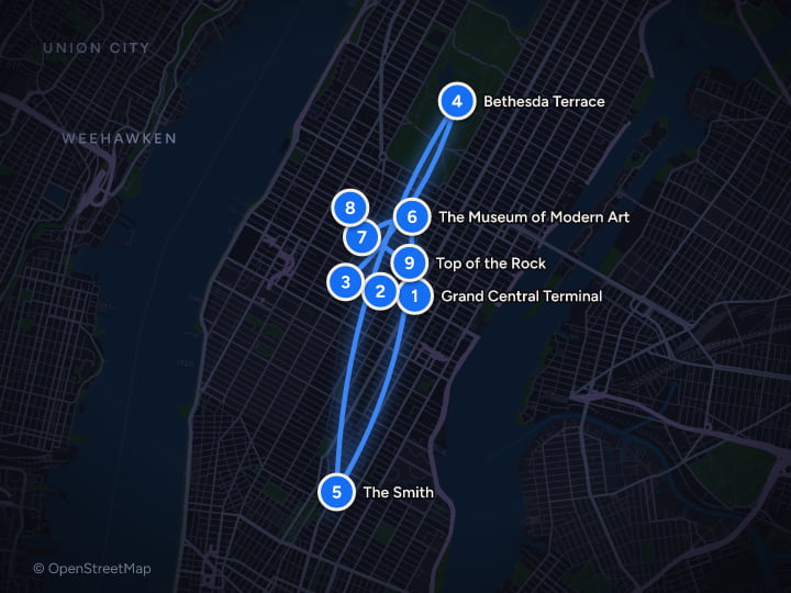 Map of New York in 3 Days: Midtown, Brooklyn Bridge and the High Line: Day 1, Grand Central Terminal, New York Public Library - Stephen A. Schwarzman Building, Bryant Park, Bethesda Terrace, The Smith, The Museum of Modern Art, TKTS Times Square, Joe Allen, Top of the Rock