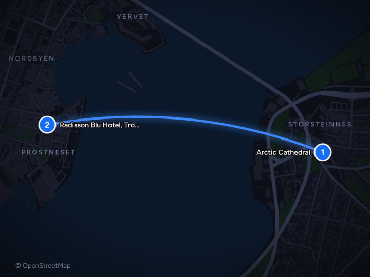 Map of Tromsø: 5 days of Aurora, Arctic Cathedral and Fjords: Day 1, Arctic Cathedral, Radisson Blu Hotel, Tromso, A Verified Net Zero Hotel