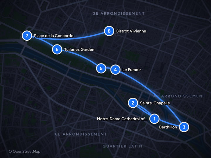 Map of Paris in 3 Days: Islands, Louvre and Montmartre Lanes: Day 1, Notre-Dame Cathedral of Paris, Sainte-Chapelle, Berthillon, Le Fumoir, Louvre Museum, Tuileries Garden, Place de la Concorde, Bistrot Vivienne