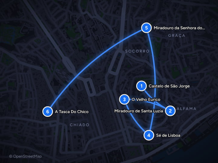Map of Lisbon & Porto: 7 days of hilltops, tiles and port: Day 1, Castelo de São Jorge, Miradouro de Santa Luzia, O Velho Eurico, Sé de Lisboa, Miradouro da Senhora do Monte, A Tasca Do Chico