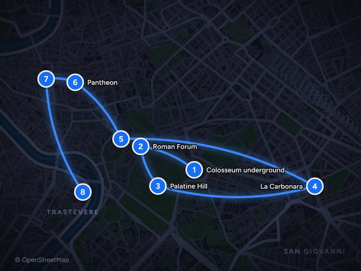 Map of Rome in 3 Days: Ruins, Basilicas and Trevi at Dawn: Day 1, Colosseum underground, Roman Forum, Palatine Hill, La Carbonara, Piazza del Campidoglio, Pantheon, Piazza Navona, Trattoria Da Enzo