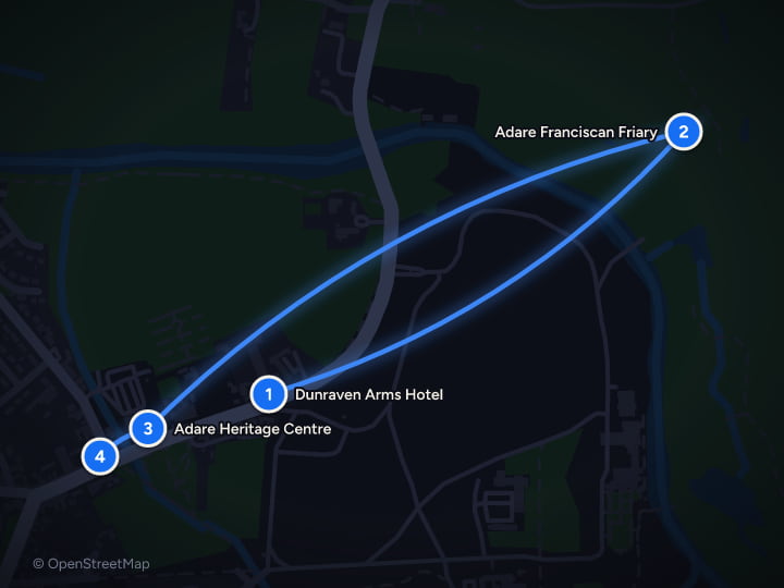 Map of Adare Week: Castles, Links Golf, Burren Cliffs and Ryder Cup: Day 1, Dunraven Arms Hotel, Adare Franciscan Friary, Adare Heritage Centre, Aunty Lena's Bar Adare