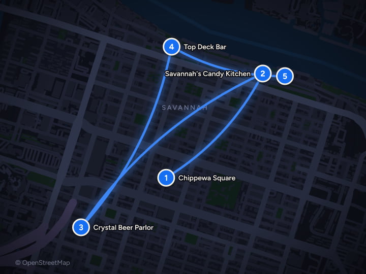 Map of Savannah in 3 days: Squares, Praline, and Tybee Beach: Day 1, Chippewa Square, Savannah's Candy Kitchen, Crystal Beer Parlor, Top Deck Bar, East River Street