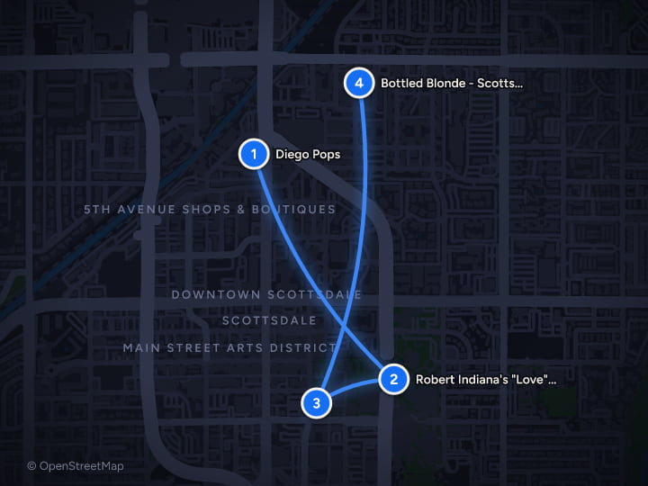 Map of Scottsdale Bachelorette: Sunrise Hikes, Sculptures and Pool Parties: Day 1, Diego Pops, Robert Indiana's "Love" (sculpture), The Mission Old Town, Bottled Blonde - Scottsdale
