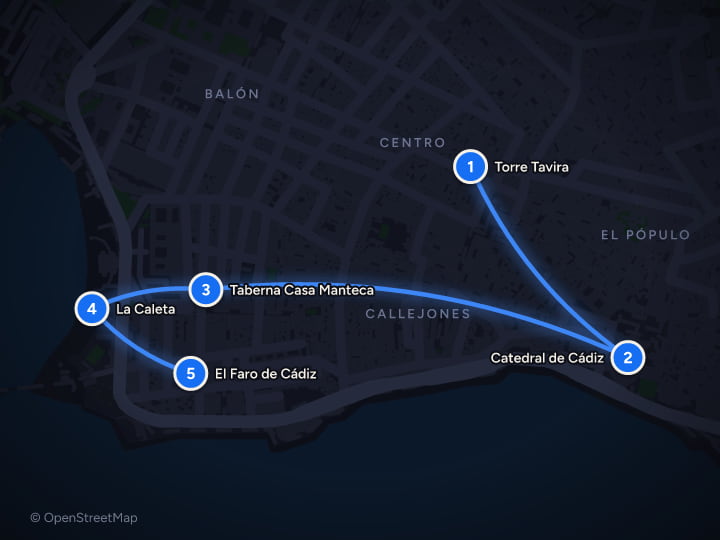 Map of Cádiz, Jerez and the Bolonia Eclipse: 4 Days: Day 1, Torre Tavira, Catedral de Cádiz, Taberna Casa Manteca, La Caleta, El Faro de Cádiz