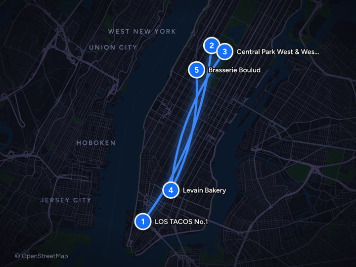 Map of New York in November: Parade, Lights and Rockettes: Day 1, LOS TACOS No.1, American Museum of Natural History, Central Park West & West 77th Street, Levain Bakery, Brasserie Boulud