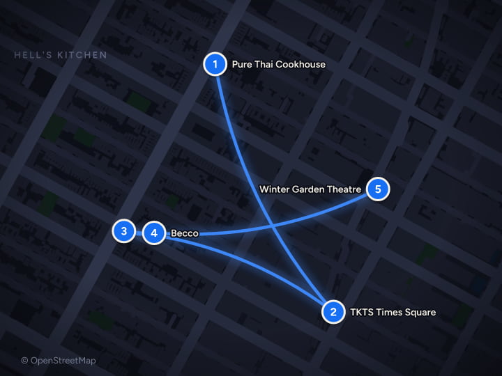 Map of New York in December: Broadway, Windows and Midnight Lights: Day 1, Pure Thai Cookhouse, TKTS Times Square, Restaurant Row, Becco, Winter Garden Theatre