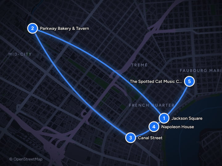 Map of Mardi Gras 2027 in New Orleans: Parades, Po'boys and Brass Bands: Day 1, Jackson Square, Parkway Bakery & Tavern, Canal Street, Napoleon House, The Spotted Cat Music Club