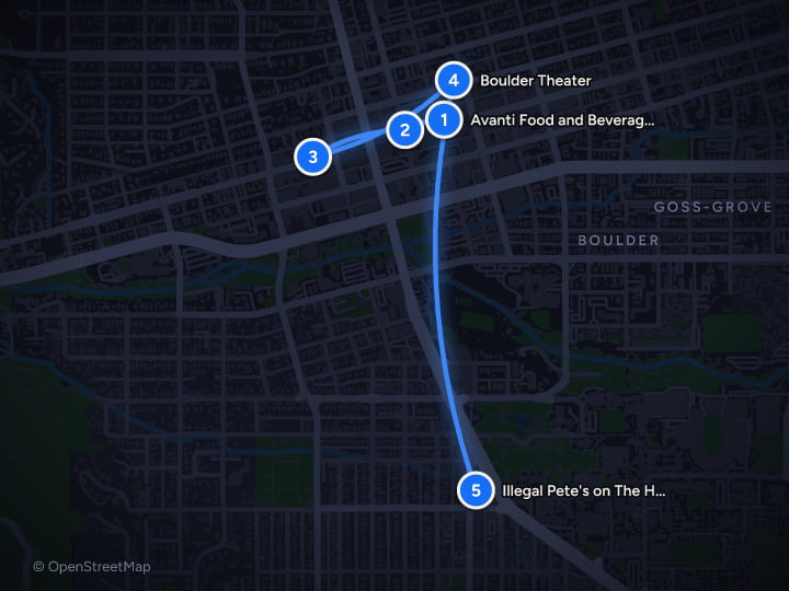 Map of Boulder in January: Sundance Screenings and Flatirons Walks: Day 1, Avanti Food and Beverage Boulder, Pearl Street Mall, OZO Coffee Roasters, Boulder Theater, Illegal Pete's on The Hill